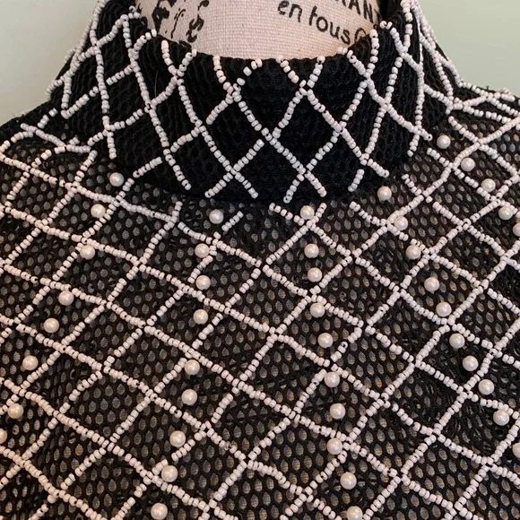 NEW asos Women’s Size 4 Small Black and White Long Sleeve Beaded Mini Dress - Picture 2 of 11